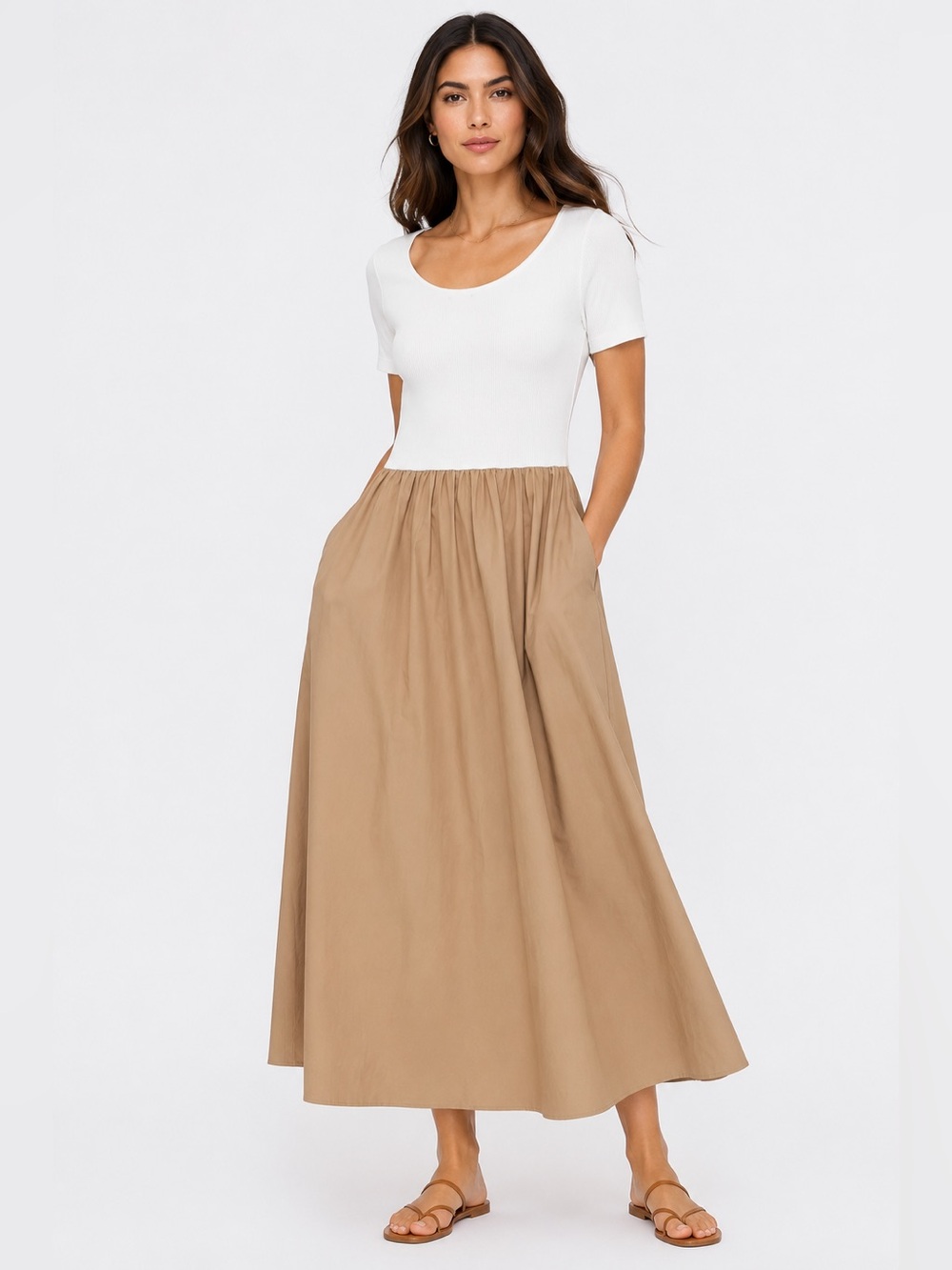 GAP Modern Rib Mixed Media Maxi Dress NWT White Tan Pockets Large Boho Chic